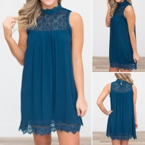Fashion Lace Spliced Sleeveless Mock Neck Solid Color Dress