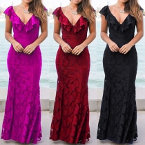 Sexy Backless Deep V-neck Ruffle Lace Party Dress