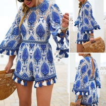 Sexy Backless Trumpet Sleeve Tassel Spliced Lace Romper