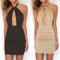 Sexy Backless Hollow Out Solid Color Slim Fit Halter Dress