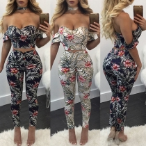 Sexy Off-shoulder Crop Top + High Waist Pants Printed Two-piece Set