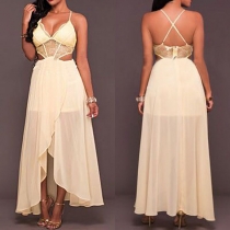 Sexy Backless V-neck Lace Spliced Hollow Out High Waist Irregular Hem Party Dress