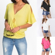 Sexy Off-shoulder Short Sleeve Crossover V-neck Solid Color T-shirt