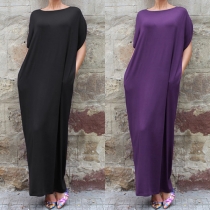Sexy Backless Bowknot Short Sleeve Round Neck Maxi Dress