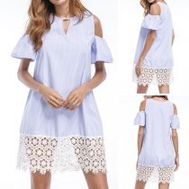 Sexy Off-shoulder Lotus Sleeve Round Neck Lace Spliced Hem Striped Dress