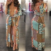 Sexy Backless Deep V-neck Slit Hem Spliced Half Sleeve Printed Romper