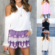 Sexy Off-shoulder Long Sleeve Solid Color Crossover Halter Chiffon Blouse