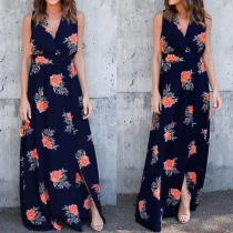 Sexy Deep V-neck Slit Hem High Waist Sleeveless Printed Maxi Dress
