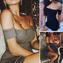 Sexy Off-shoulder Boat Neck Short Sleeve Solid Color Mini Bodycon Dress