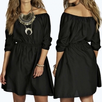 Sexy Off-shoulder Boat Neck 3/4 Sleeve Elastic Waist Solid Color Dress
