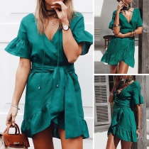 Sexy Deep V-neck Lotus Sleeve Ruffle Hem Solid Color Dress