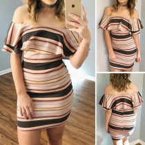 Sexy Off-shoulder Boat Neck SLim Fit Striped Dress