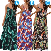 Sexy Backless Slit Hem Printed Halter Dress