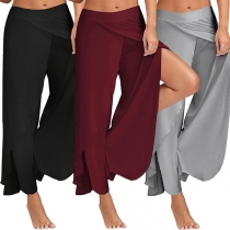Fashion Solid Color High Waist Slit Hem Chiffon Wide-leg Pants