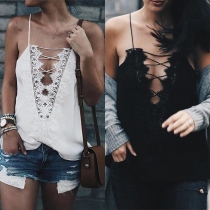 Sexy Lace Spliced Deep V-neck Solid Color Cami Top 