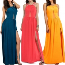 Sexy Backless Slit Hem Gauze Spliced Solid Color Party Dress