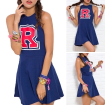 Fresh Style Letters Printed Sleeveless Round Neck Dress