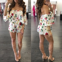 Sexy Off-shoulder Crop Top + High Waist Shorts Printed Two-piece Set