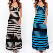 Sexy Backless V-neck Slit Hem Sling Striped Maxi Dress