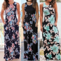 Bohemian Style Sleeveless Round Neck Printed Maxi Dress