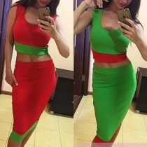 Sexy Contrast Color Sleeveless Crop Top + High Waist Skirt Two-piece Set