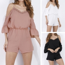 Sexy Off-shoulder Trumpet Sleeve Elastic Waist Solid Color Cami Romper