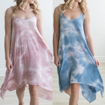 Sexy Backless Irregular Hem Tie-dye Printed Sling Dress