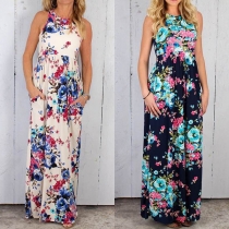 Fashion Sleeveless Round Neck Printed Maxi Dress
