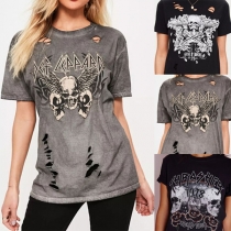 Retro Style Skull Printed Short Sleeve Round Neck Ripped T-shirt  