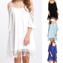 Sexy Off-shoulder Lace Spliced Half Sleeve Tassel Hem Sling Dress
