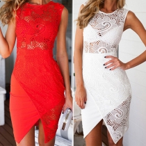 Sexy Hollow Out Lace Spliced Sleeveless Round Neck Irregular Hem Slim Fit Dress