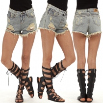 Distressed Style High Waist Ripped Denim Shorts
