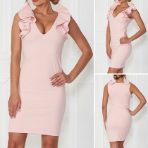 Elegant Solid Color Lotus Sleeve Deep V-neck Bodycon Dress