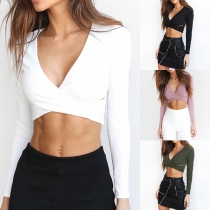 Sexy Deep V-neck Long Sleeve Solid Color Crop Top