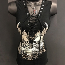 Retrostil Skull Head Tryckt Slim Fit Linne