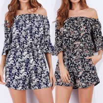 Sexy Off-shoulder Boat Neck Trumpet Sleeve Printed Romper