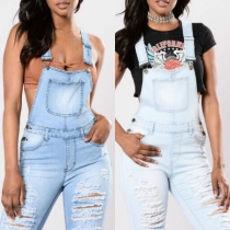 Fashion High Waist Slim Fit Ripped Denim Dungarees