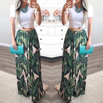 Fashion Elastic Waist Leaf Printed Wide-leg Pants