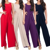 Elegant Solid Color Sleeveless Round Neck High Waist Slit Hem Jumpsuit