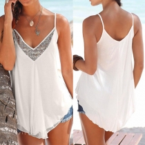 Sexy Sequin Spliced V-neck Irregular Hem Chiffon Cami Top