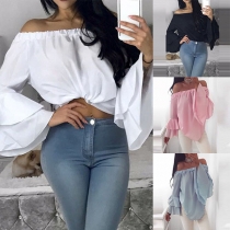 Sexy Off-shoulder Boat Neck Lotus Sleeve Solid Color Chiffon Top