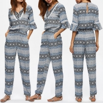 Fashion Half Sleeve V-neck Elastic Waist Printed Romper