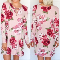 Fashion Long Sleeve V-neck Loose Printed Dress