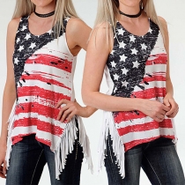 Fashion American Flag Printed Round Neck Tassel Hem Tank Top