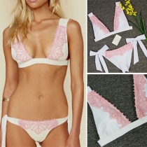 Sexy Lace Spliced Deep V-neck Lace-up Bowknot Bikini Set