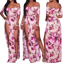 Sexy Off-shoulder Boat Neck Slit Hem Printed Romper