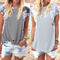 Fashion Printed Spliced Short Sleeve Round Neck Striped T-shirt