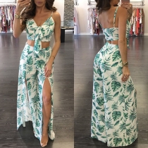 Sexy Backless Cami Top + High Waist Slit Hem Pants Printed Two-piece Set