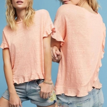 Fashion Solid Color Short Sleeve Round Neck Ruffle T-shirt