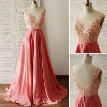Sexy Backless Deep V-neck Sleeveless High Waist Lace Spliced Party Dress